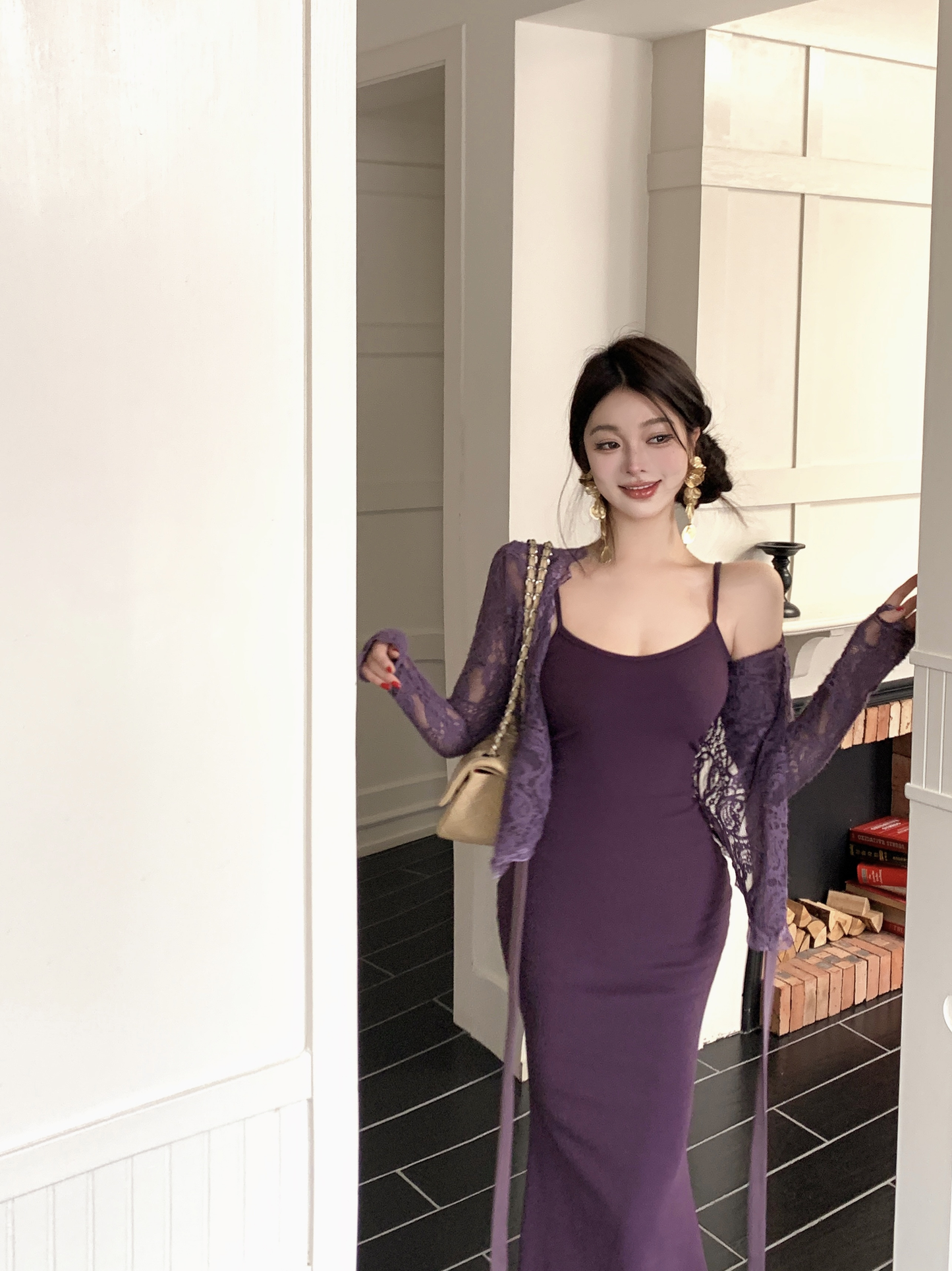Purple lace cardigan slim fit hip fishtail sling dress two piece suit royal sister skirt R0505