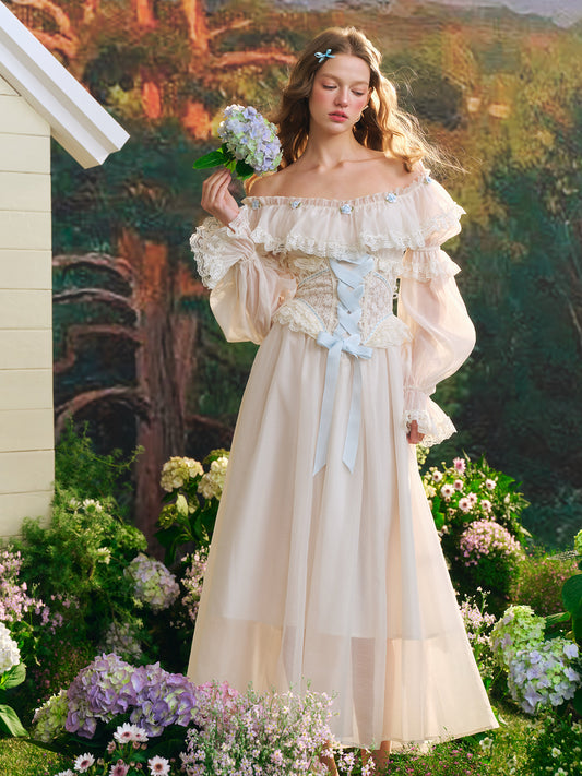 French fairy dress one-shoulder white long dress lace fishbone skirt long sleeves R5103