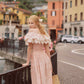 Pink Champagne French Embroidered Fishbone Dress Pink Hollow One Shoulder Maxi Dress R5111