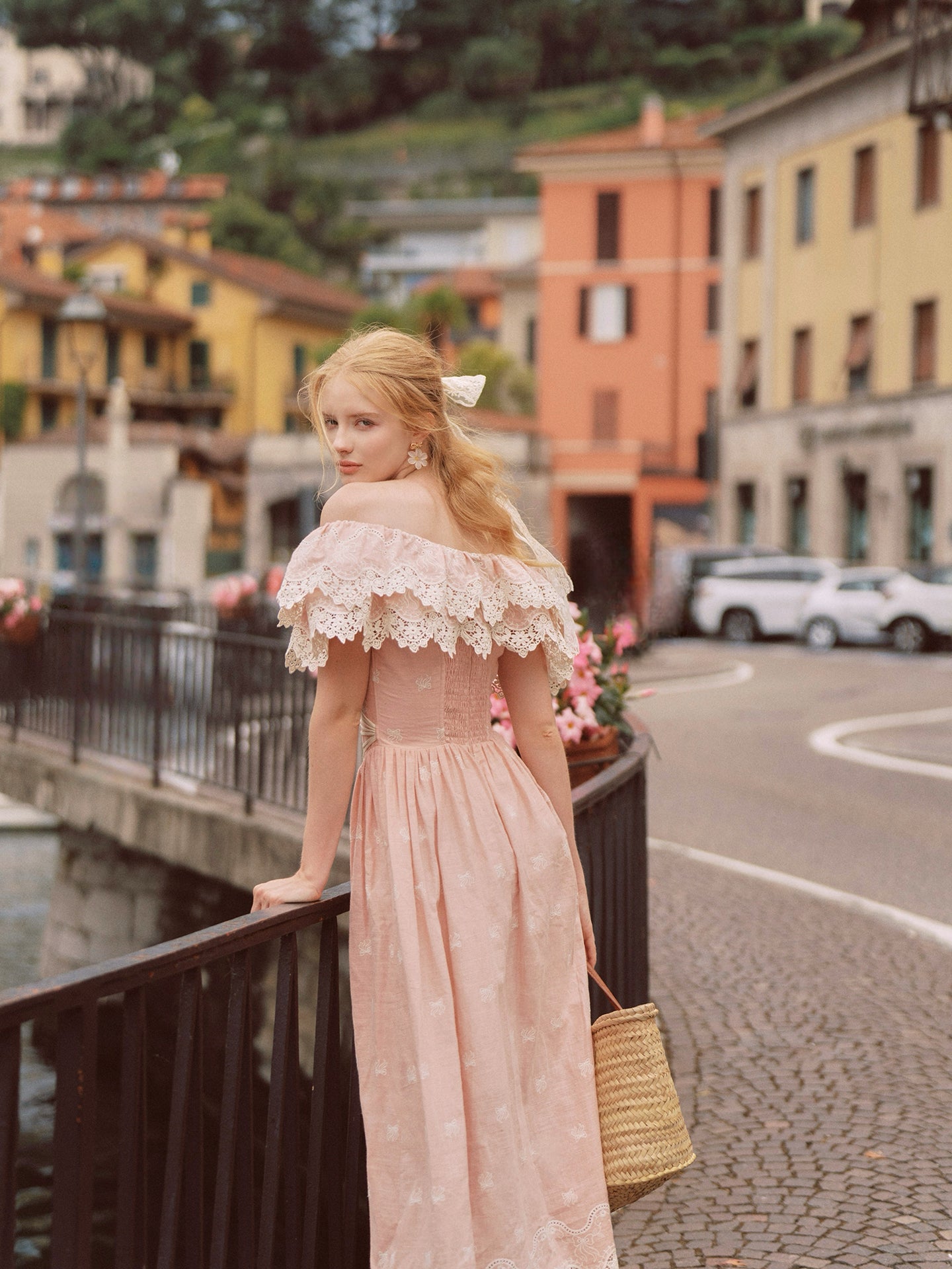 Pink Champagne French Embroidered Fishbone Dress Pink Hollow One Shoulder Maxi Dress R5111