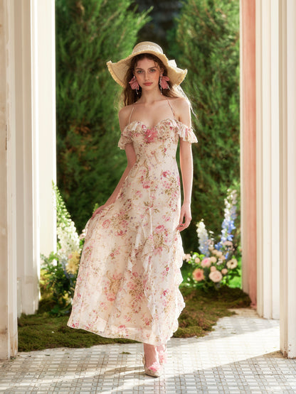 French romantic vacation long dress floral seaside halter dress summer R5108