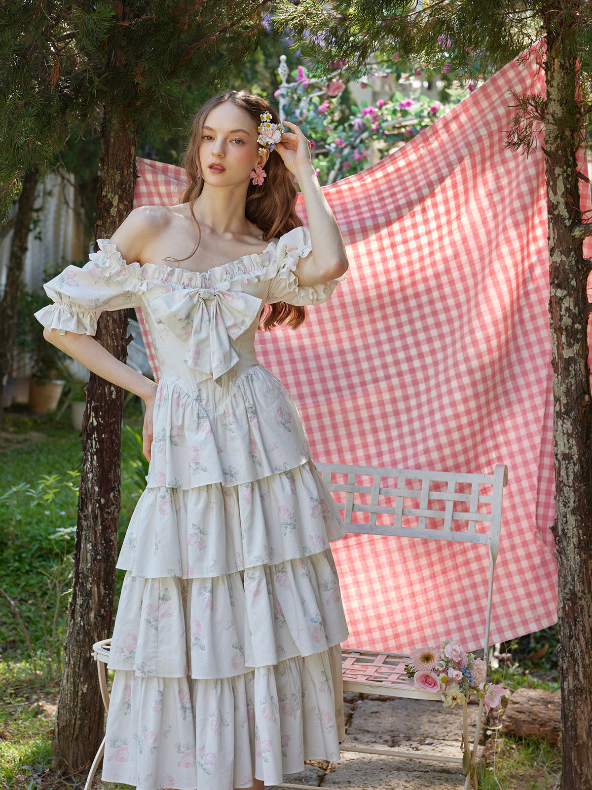 Retro Pastoral Print Bowknot Herringbone Dress R5114