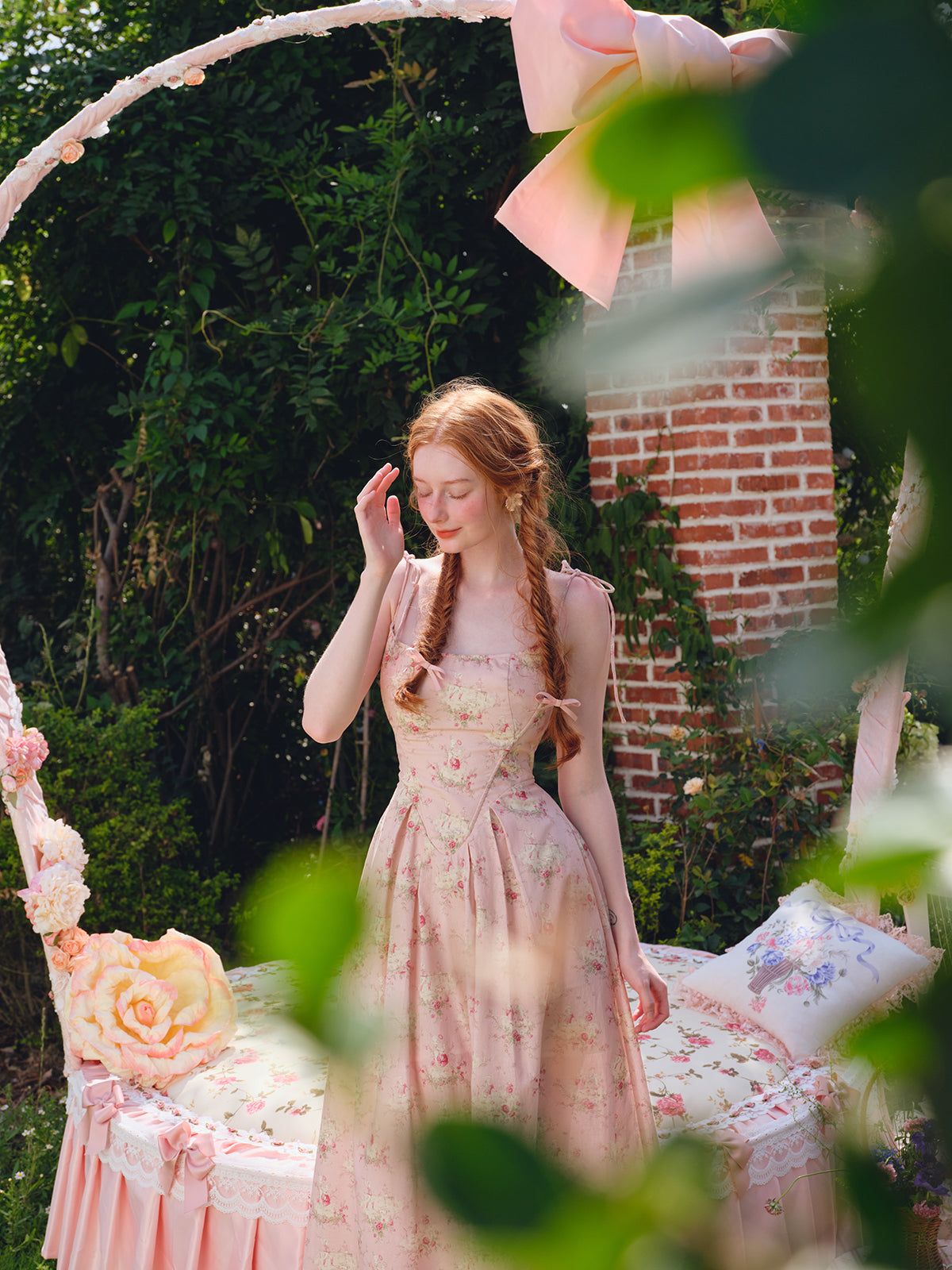 French Sweet Printed Strapless Fishbone Pink Slimming Dress R5106