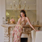 French retro romantic vacation stretch print mesh halter neck fishtail dress R5104