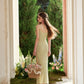 French heavy design flower wool knitted suspenders green slit dress R5112