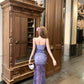 Beautiful small skirt waist hip skirt purple floral suspender dress R0635
