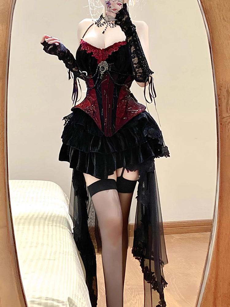 Dark Gothic Velvet Waist Halter Suspender Suit Removable Skirt Two-piece Suit R1665