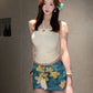 Beautiful sexy hot girl beautiful white halter neck top floral skirt two-piece suit R0896