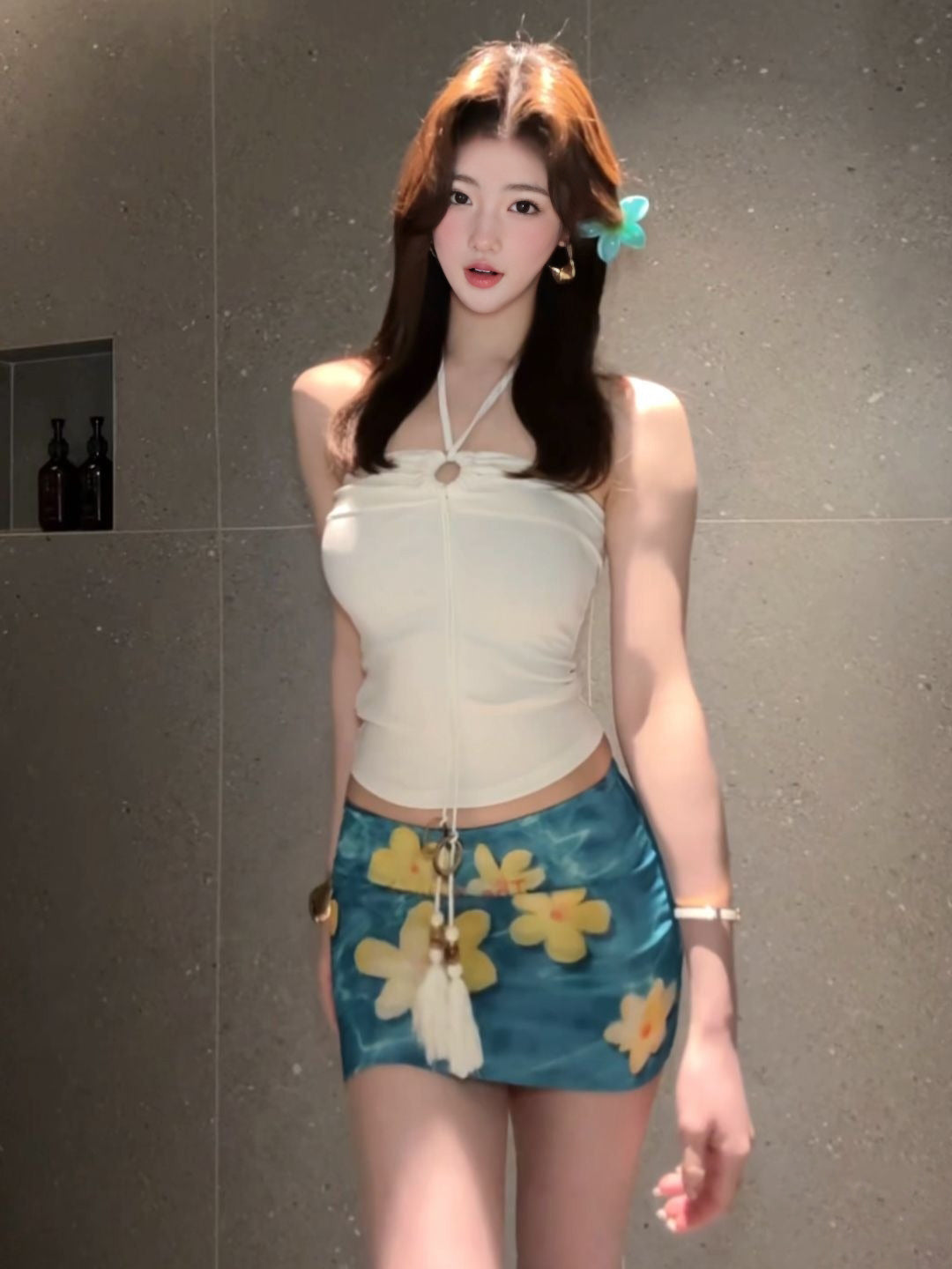 Beautiful sexy hot girl beautiful white halter neck top floral skirt two-piece suit R0896