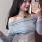 Summer beautiful vacation gentle style blue one shoulder top a line skirt two piece set R0898