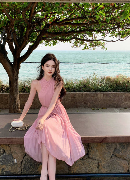 Pink sleeveless halter dress gentle style super beautiful dress R0727