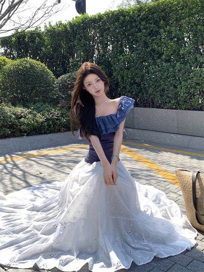 Beautiful outfit set, gentle temperament, beautiful one-shoulder top, A-line skirt, two-piece suit R0728