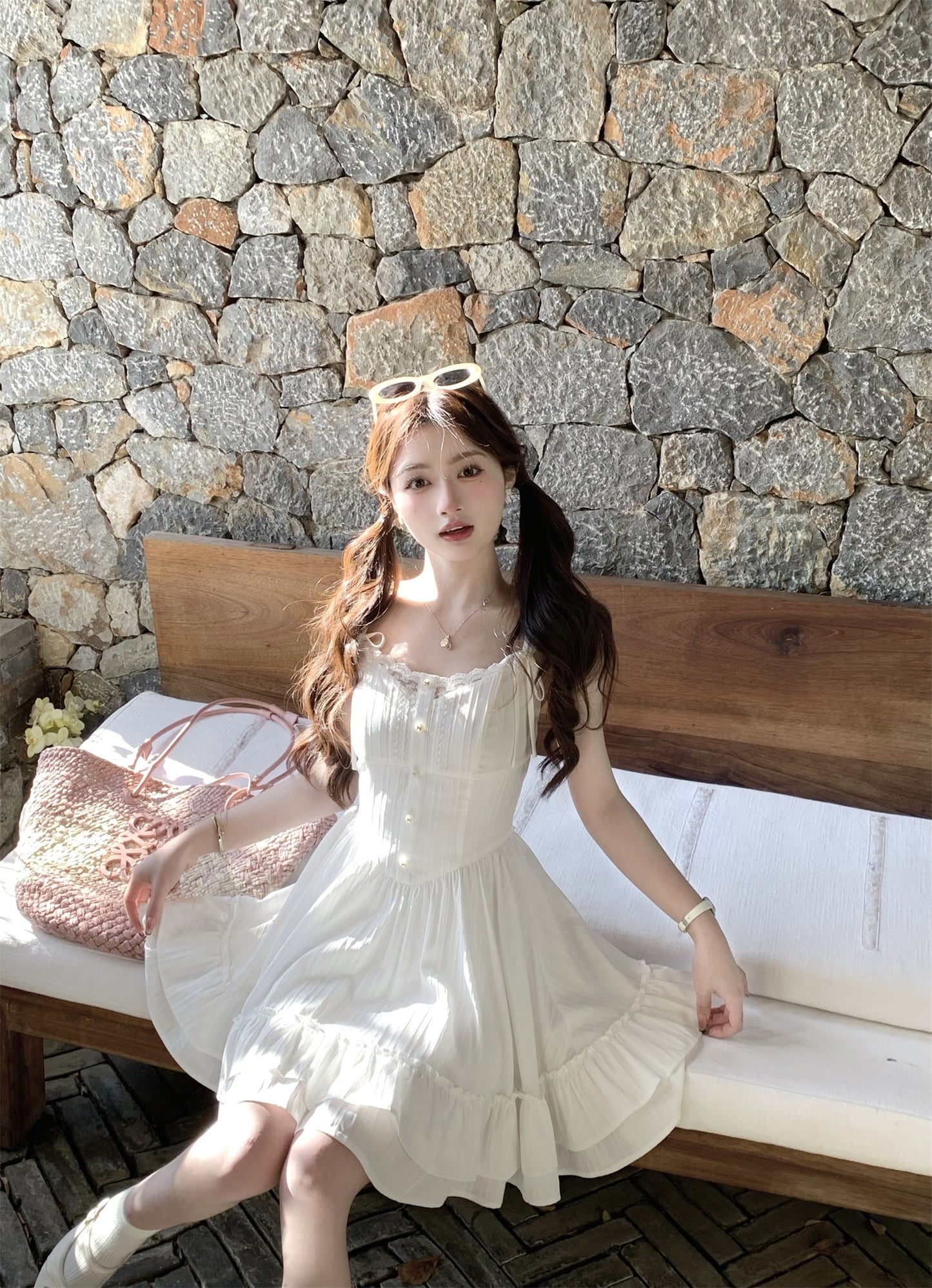 First Love Sweet White Suspender Dress Women's Summer Little White Dress R3827