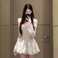 Square collar white lace puff sleeve dress gentle temperament pure waist skirt R0633