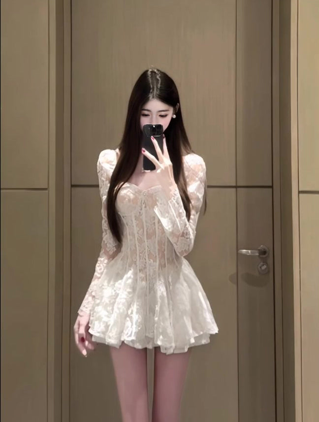 Square collar white lace puff sleeve dress gentle temperament pure waist skirt R0633