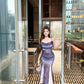 Beautiful small skirt waist hip skirt purple floral suspender dress R0635