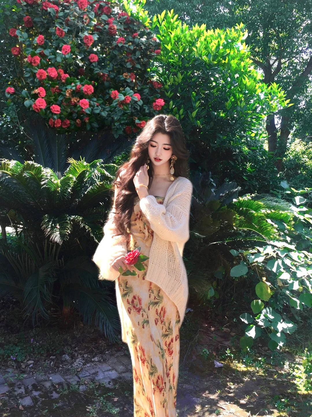 Tea break French floral dress gentle temperament beautiful hip long skirt R0636