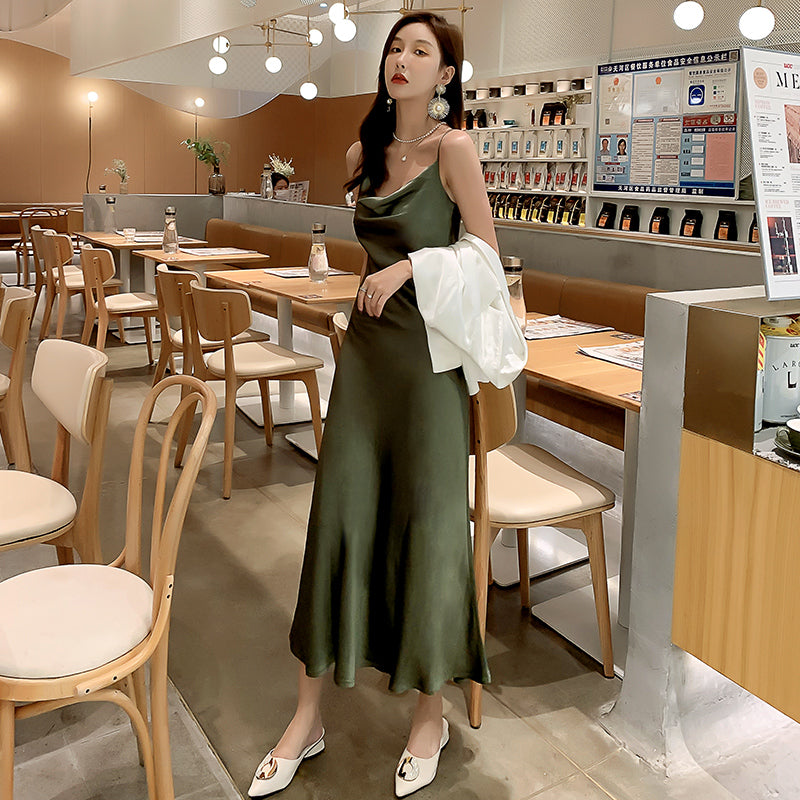 Green acetate satin silk suspender dress women's medium length 2025 new long skirt R1006