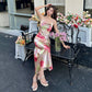 French retro print slim fairy dress sexy high-end pure desire wind collar suspender long dress R1007