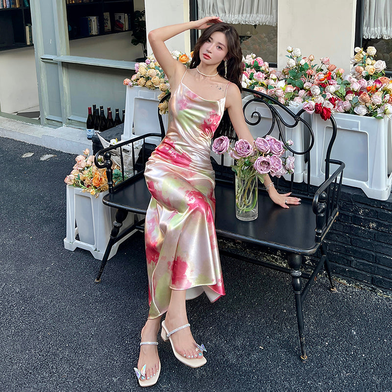 French retro print slim fairy dress sexy high-end pure desire wind collar suspender long dress R1007