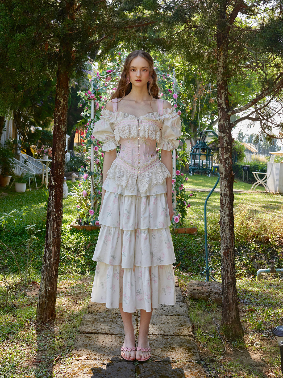 Retro Pastoral Print Bowknot Herringbone Dress R5114