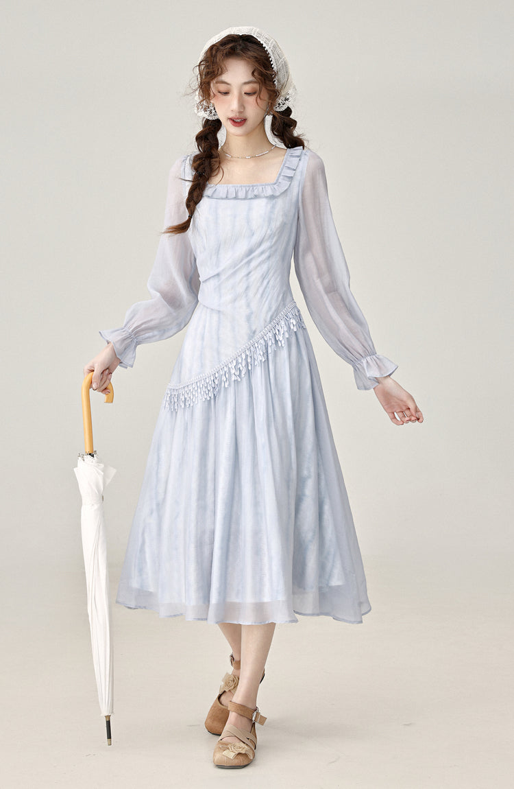 Gentle style irregular blue long-sleeved dress women's beautiful skirt R1978