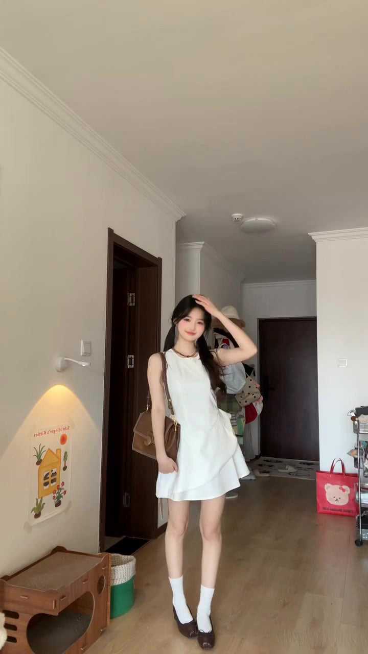 Gentle style white vest dress for women irregular beautiful waist bud skirt R0825