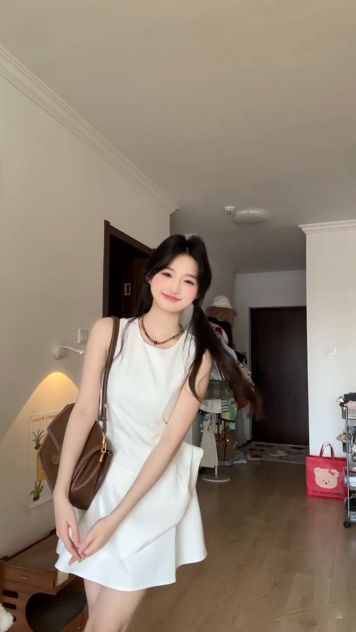 Gentle style white vest dress for women irregular beautiful waist bud skirt R0825