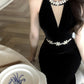 Hepburn style black dress high-end niche temperament heavy fishtail halter neck dress R1774