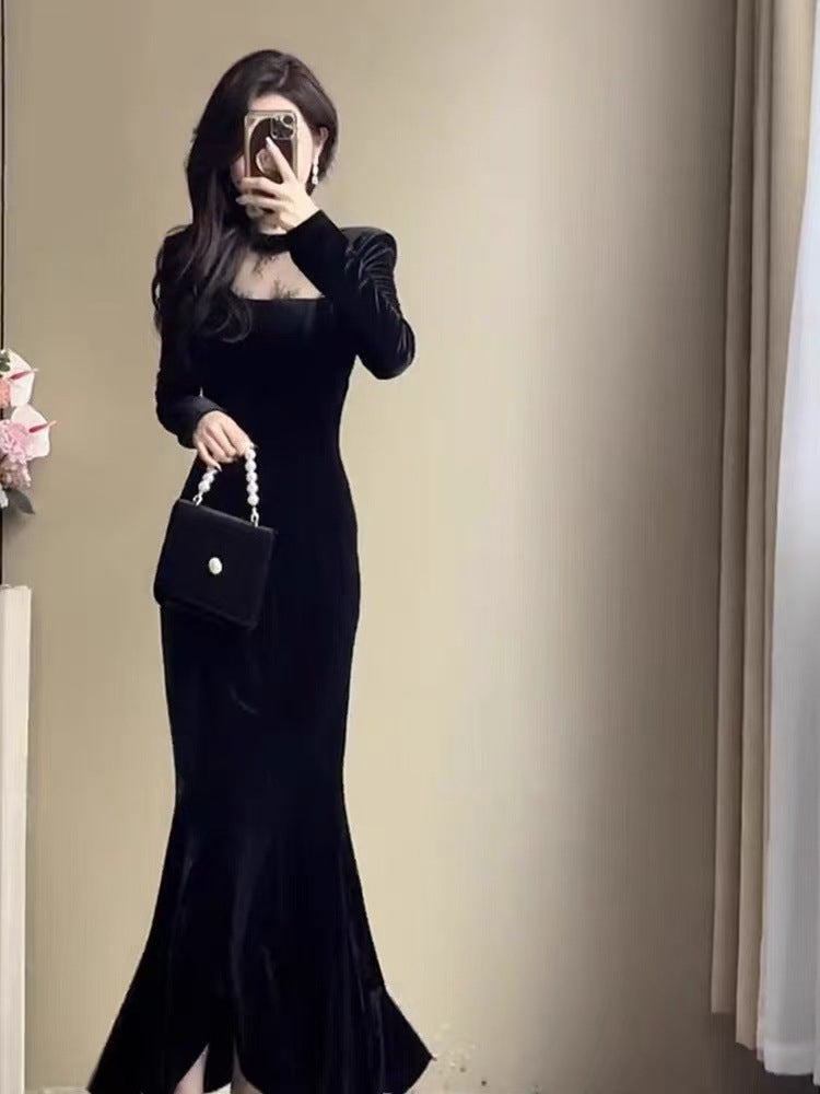 Hepburn style black annual party evening dress high-end niche temperament fishtail dress R1775