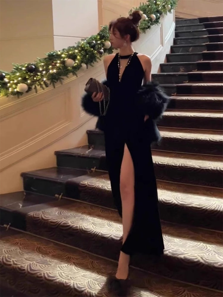 Hepburn style black dress high-end niche temperament sexy halter neck dress R1776