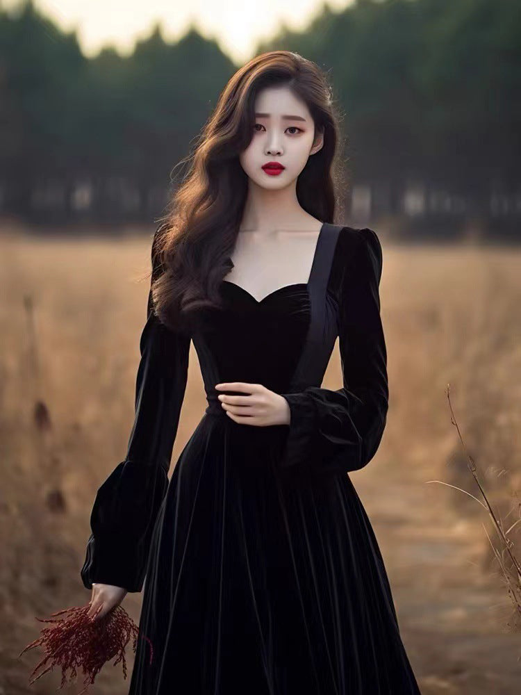 Hepburn style black dress high-end niche important occasion temperament dress R1778