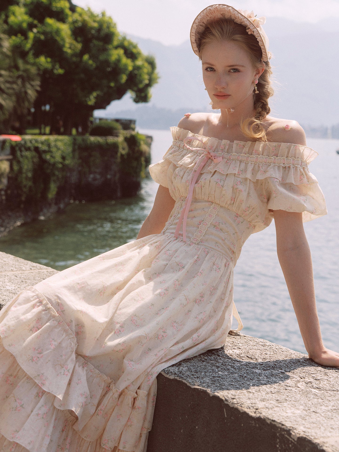 French pastoral style cake-style fishbone maxi dress with slim waist and cotton homecoming dress R5136