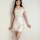 White silk satin elastic one-shoulder bow waisted girlish dress R5171