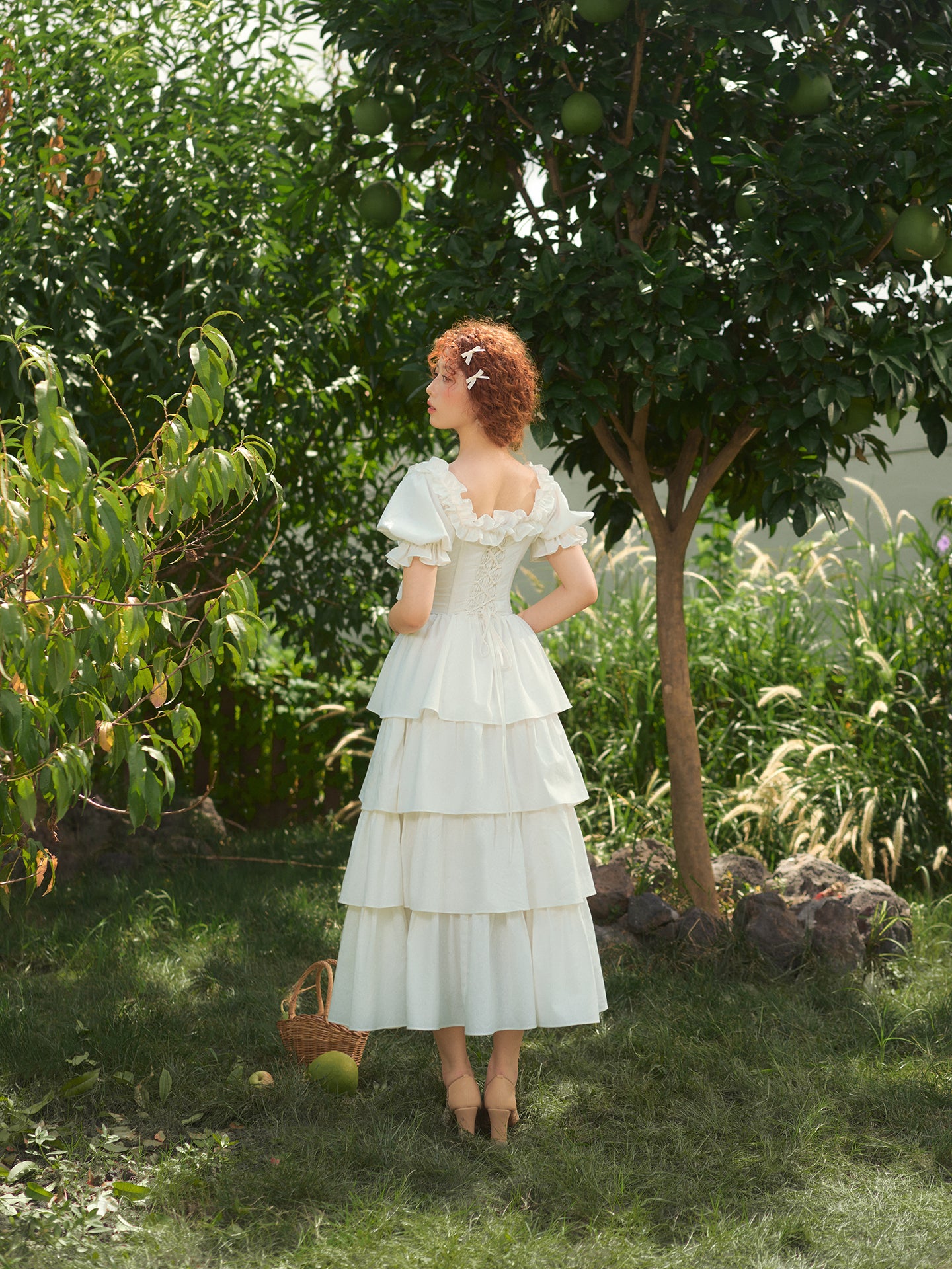 French-style waist white long dress puff sleeve cake dress homecoming dress R5157