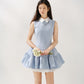 Blue shirt collar vest dress with multi-layered puffy patchwork waist sleeveless dress R5174