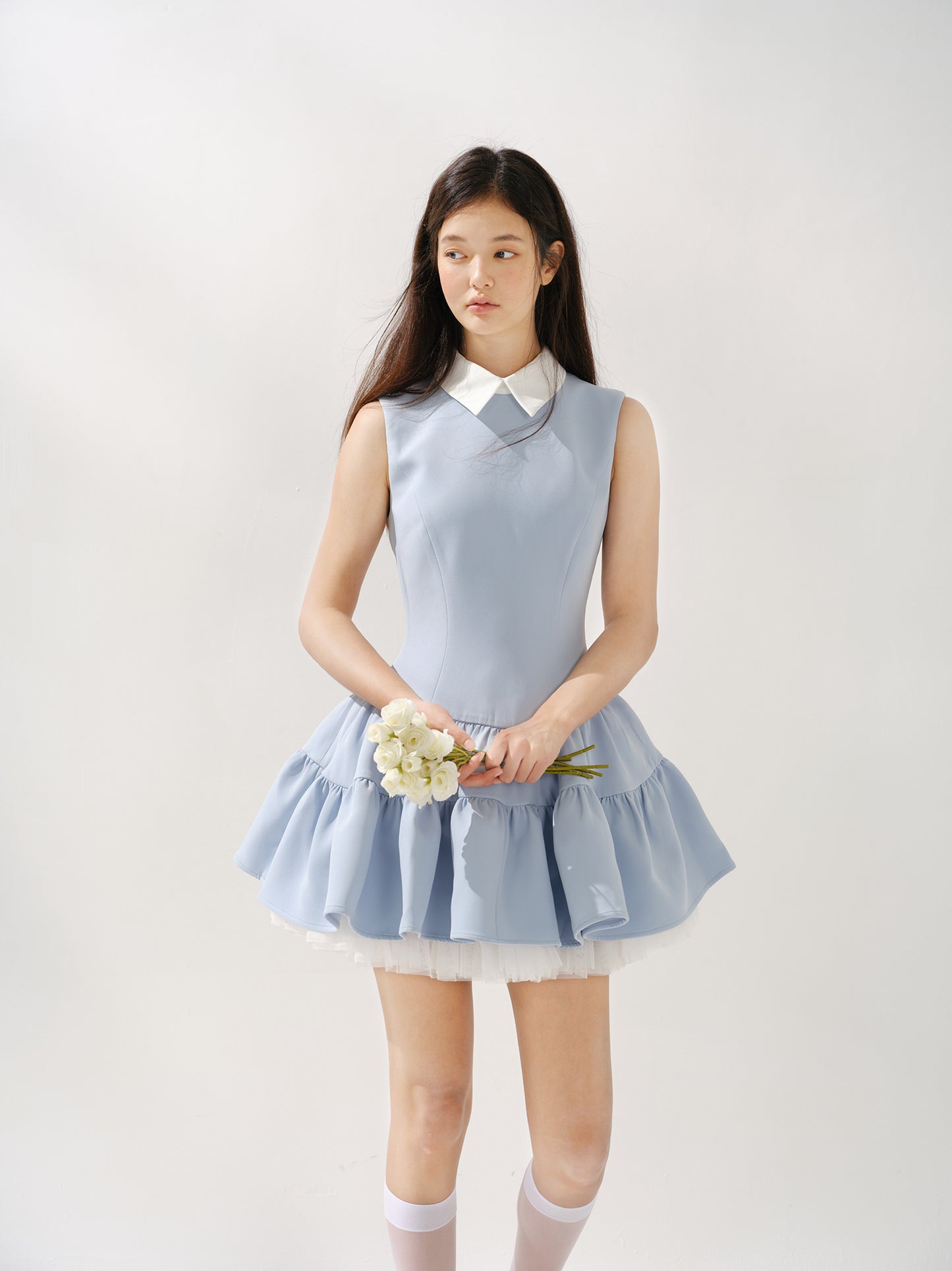 Blue shirt collar vest dress with multi-layered puffy patchwork waist sleeveless dress R5174