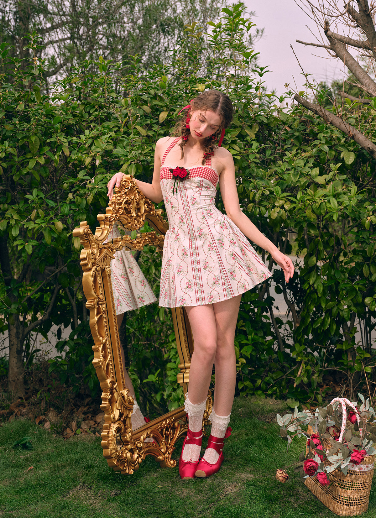 French pastoral red halter dress short petite homecoming dress R5152