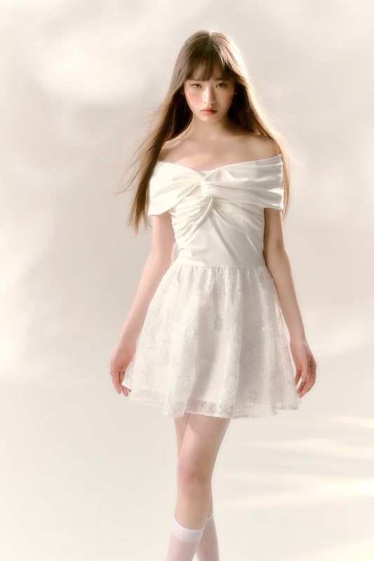 White one-shoulder dress knitted splicing sequined tutu skirt R5172