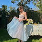 French sweet light spring pink blue tube top fishbone bra mesh skirt suit homecoming dress R5146