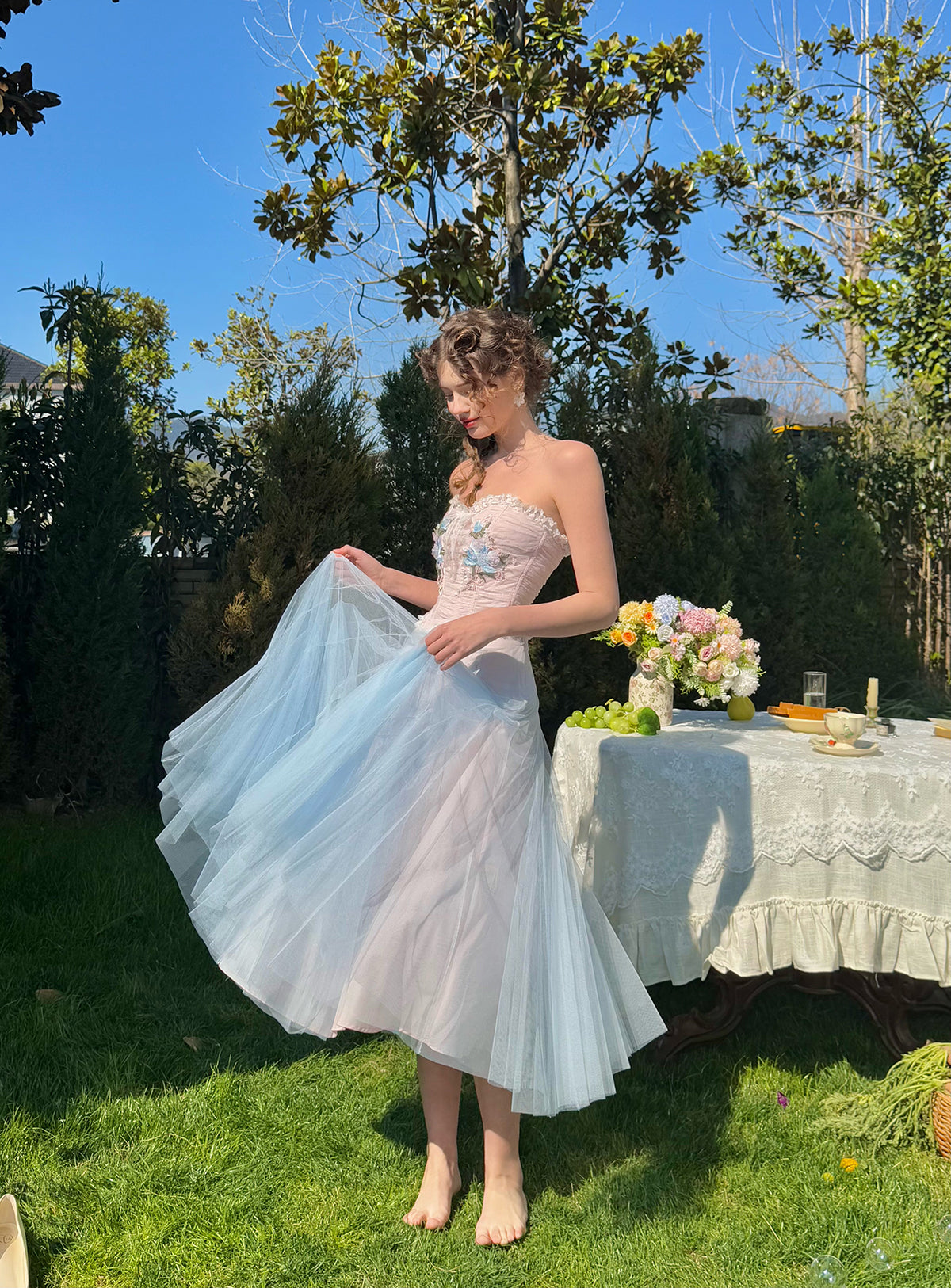 French sweet light spring pink blue tube top fishbone bra mesh skirt suit homecoming dress R5146