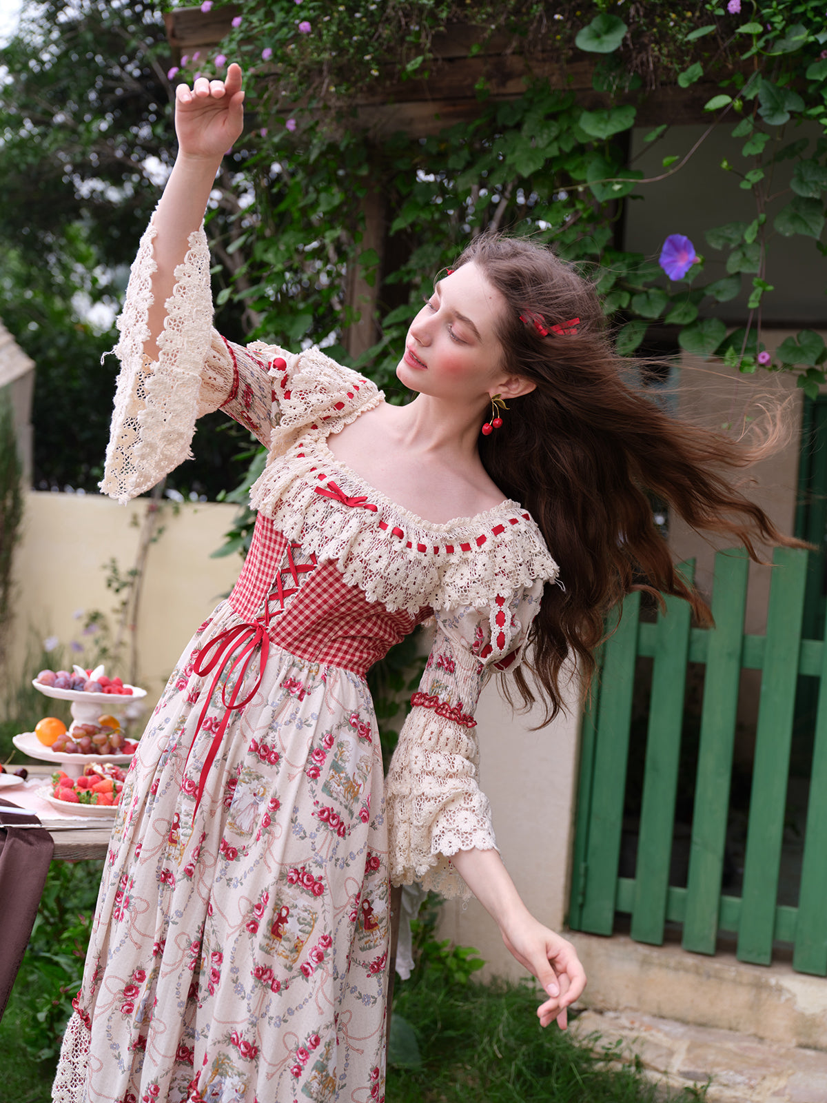 French Pastoral Retro Lace Print Herringbone Long Sleeve Dress Homecoming Dress R5165