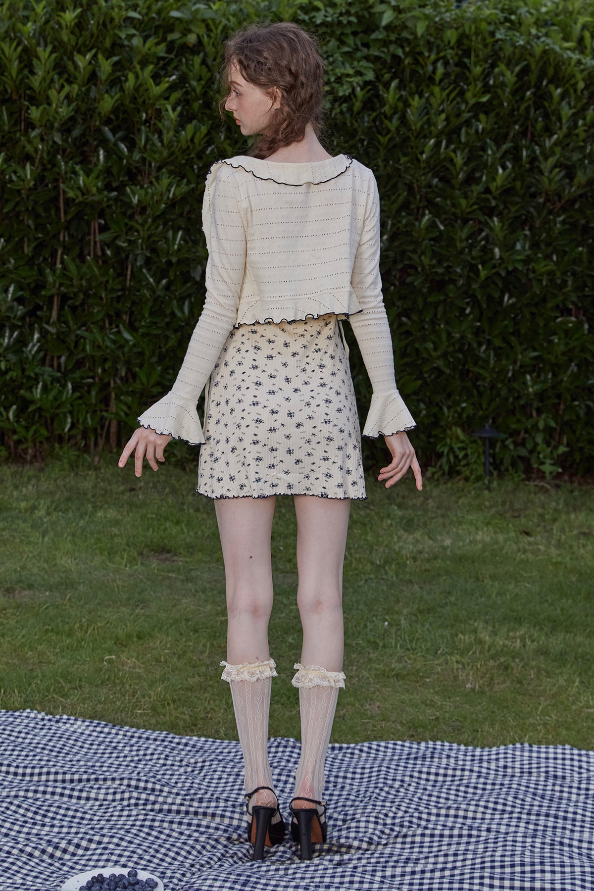 French Girl Knitted Cardigan Floral Stretch Ruffled Suspender Dress Set Homecoming Dress R5161