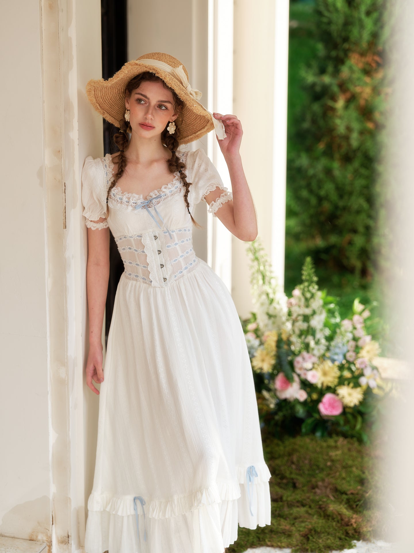 French pastoral white big swing fishbone dress long little white dress homecoming dress R5155
