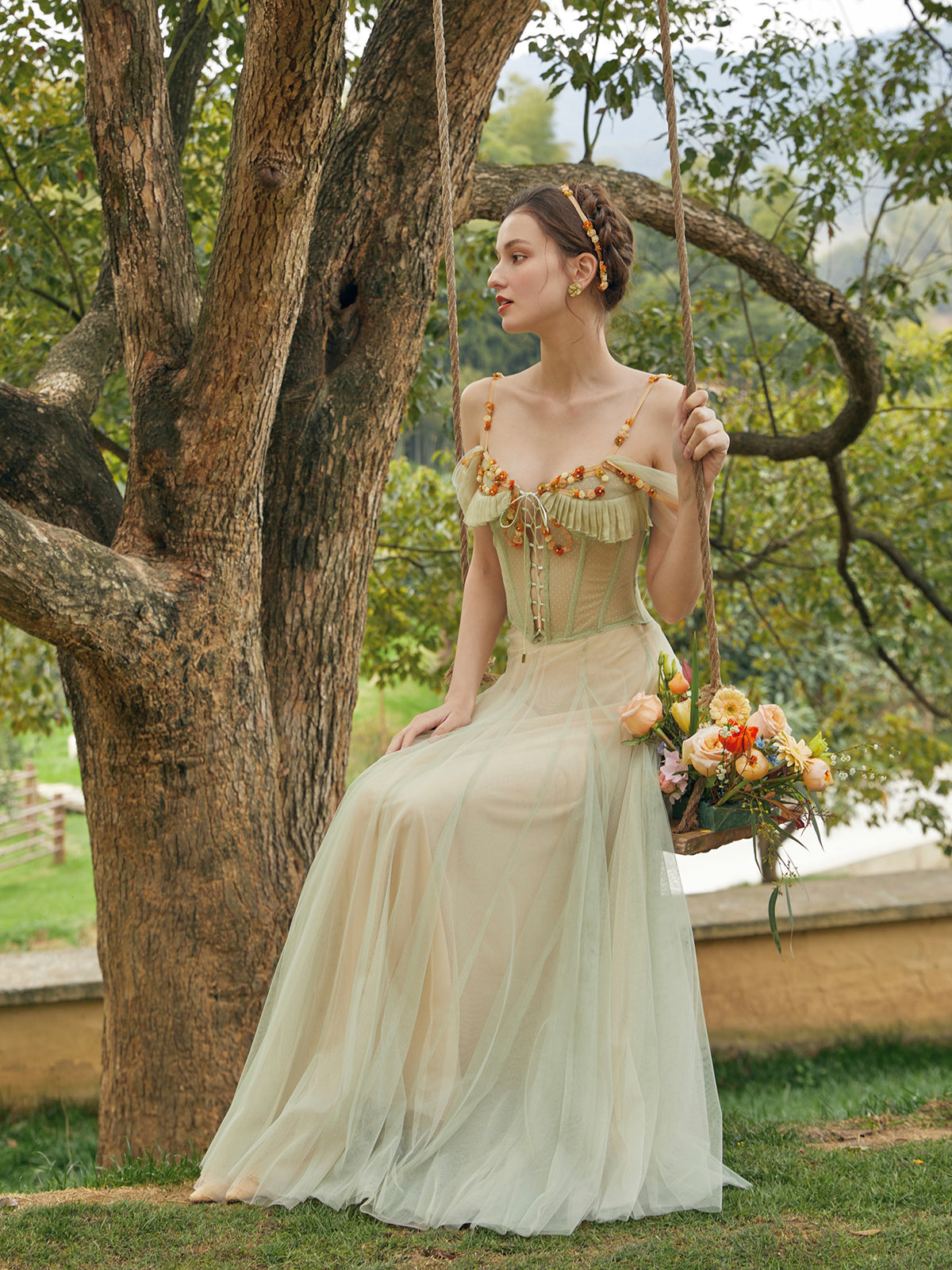 French Green Fairy Dress Set Heavy Fishbone Corset Top Tulle Skirt Homecoming Dress R5144