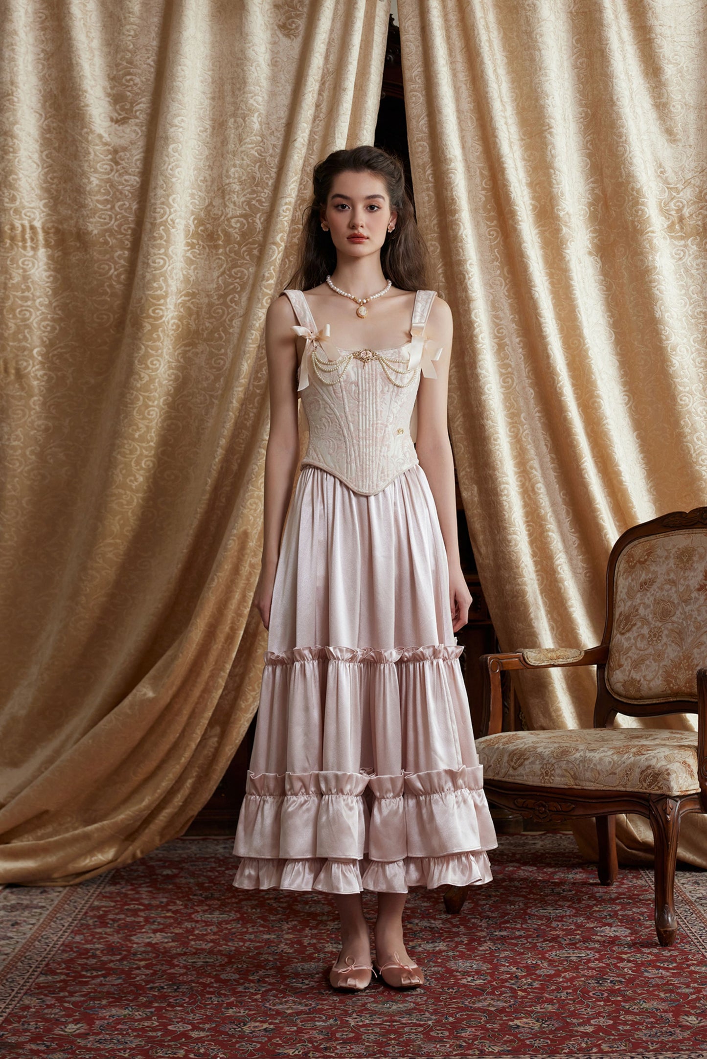 French ruffled satin pink long skirt homecoming dress R5154