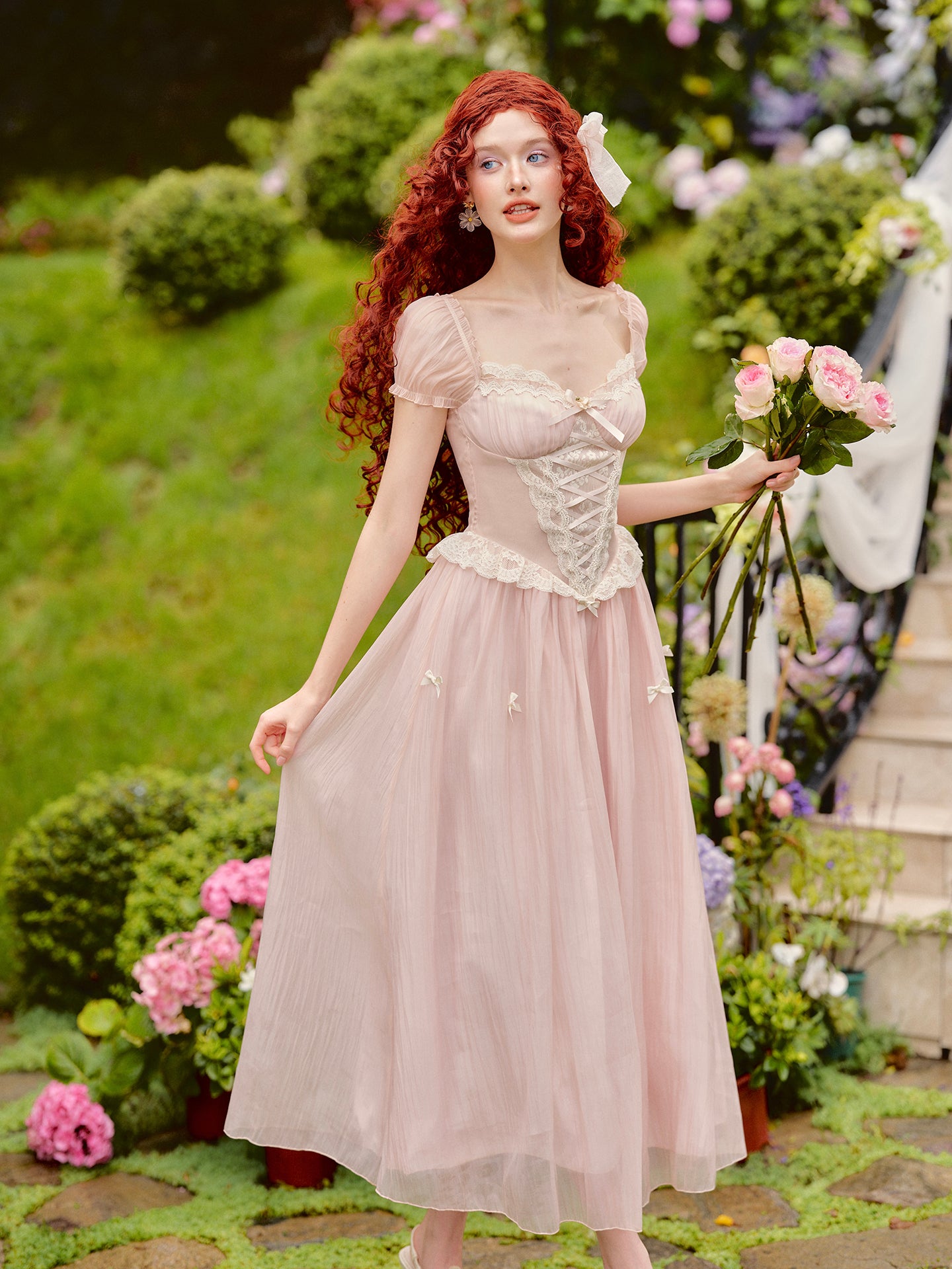 French pink fairy dress design long short-sleeved fishbone dress homecoming dress R5158