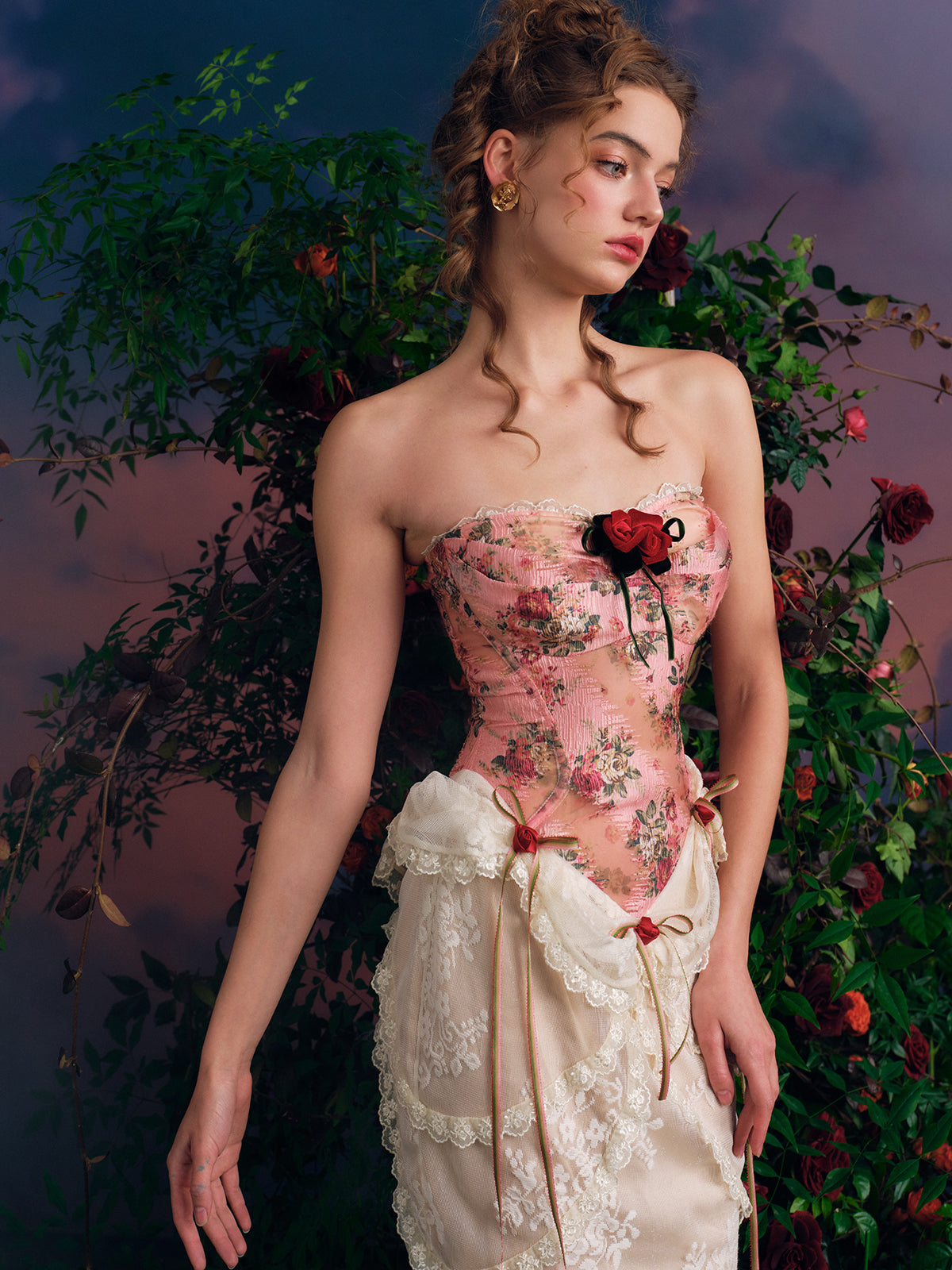 French retro palace design lace splicing tube top dress fishbone skirt homecoming dress R5143