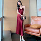 High-grade drape silk satin V-neck suspender dress mid-length temperament skirt R0997
