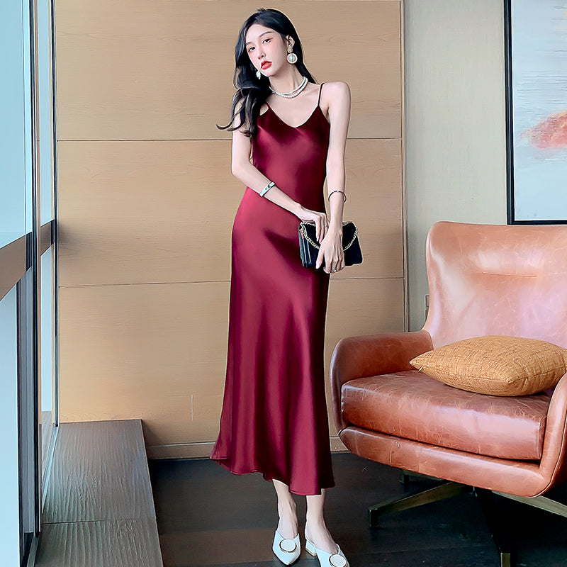 High-grade drape silk satin V-neck suspender dress mid-length temperament skirt R0997